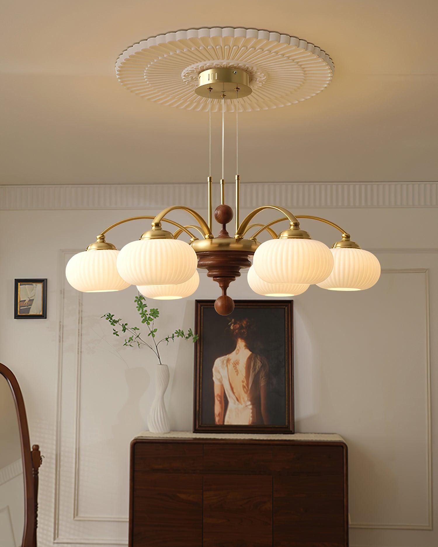 Multi-Light Wood & Glass Statement Fixture for Dining Rooms | Mixed Material Ceiling Light with Ribbed Shades | Modern Ambient Overhead Ligh | Thomler