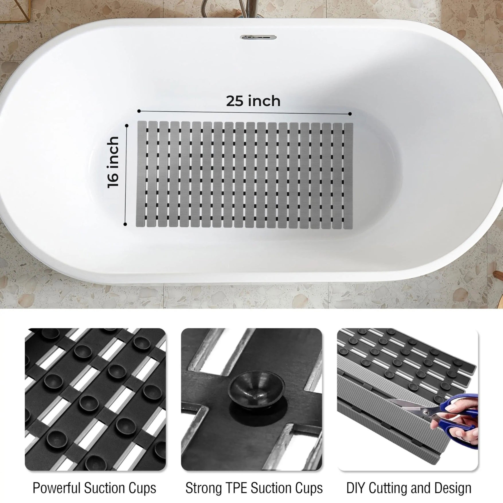 Textured Silicone Shower Mat with Suction Grip | Anti-Slip Bathroom Floor Cover for Tubs and Stalls | Drainage Design for Safety | Thomler