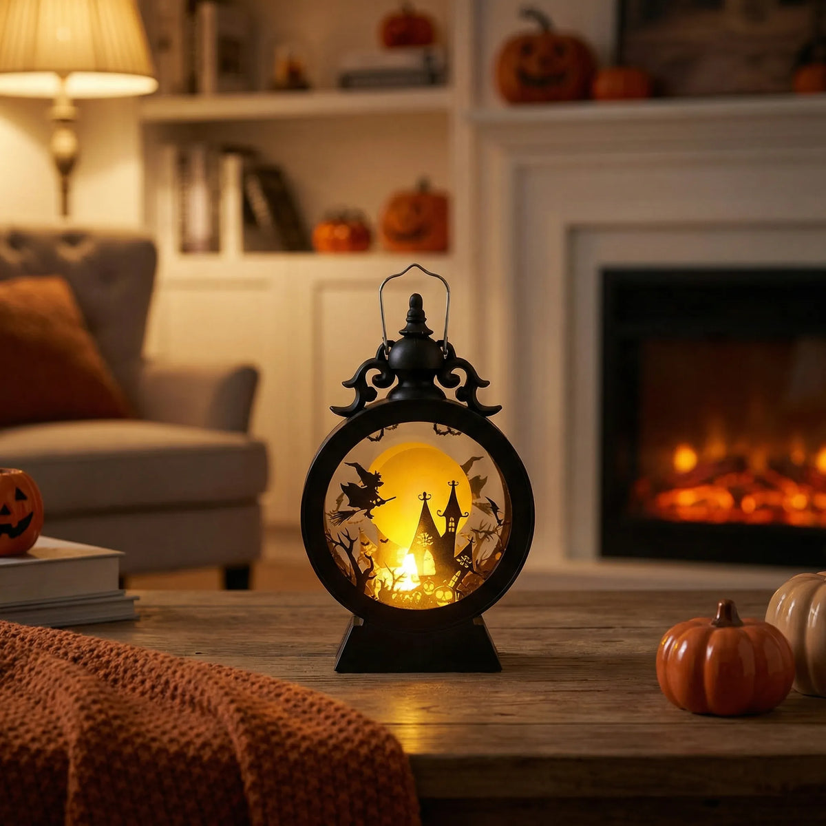 Battery-Operated Halloween Lantern with LED Light & Spooky Cutout Scenes – Freestanding or Hanging | Thomler
