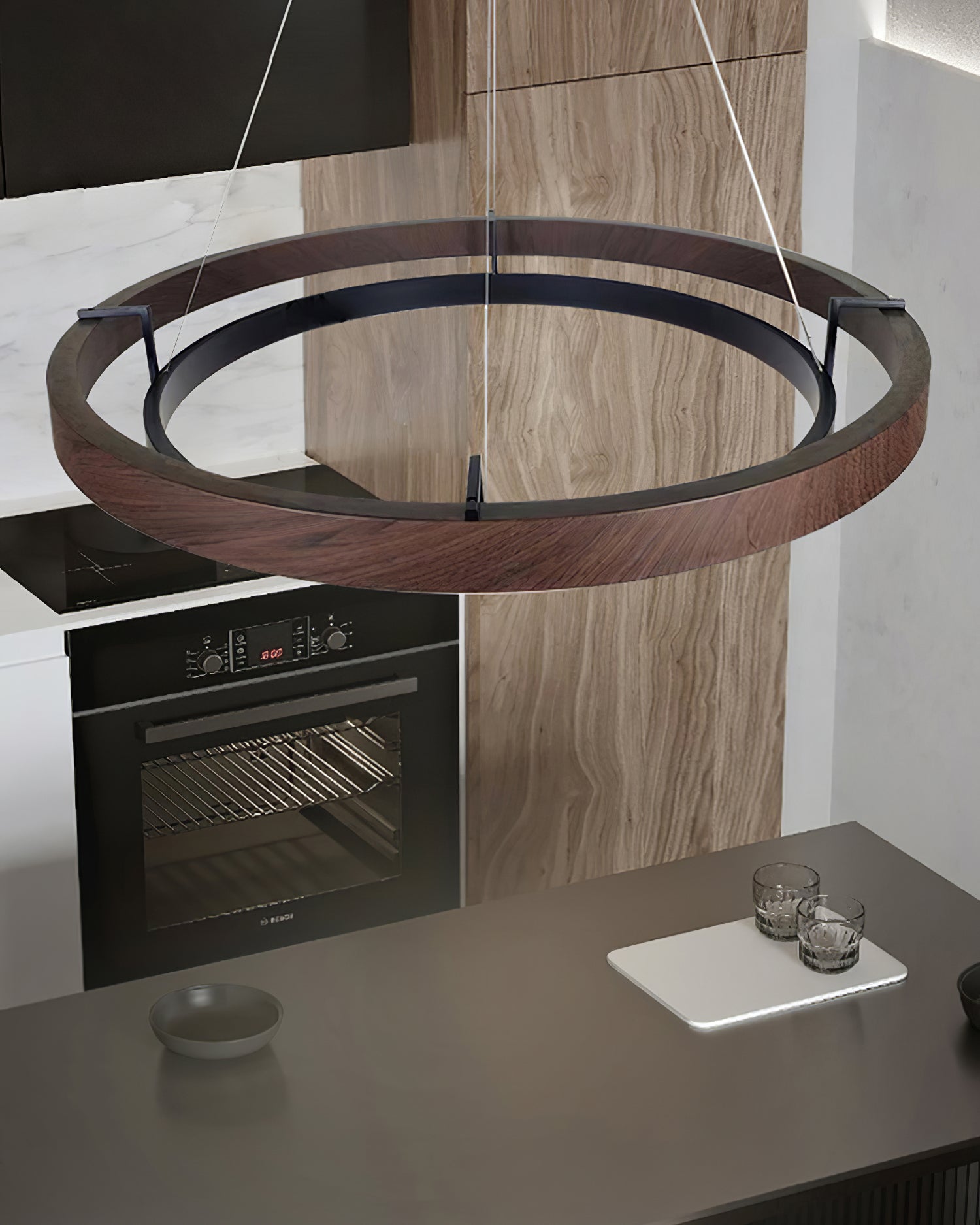 Chandelier LED Double Ring 23.6 in Ceiling Light Walnut Black Modern Living Room Dining Hanging Fixture | Thomler