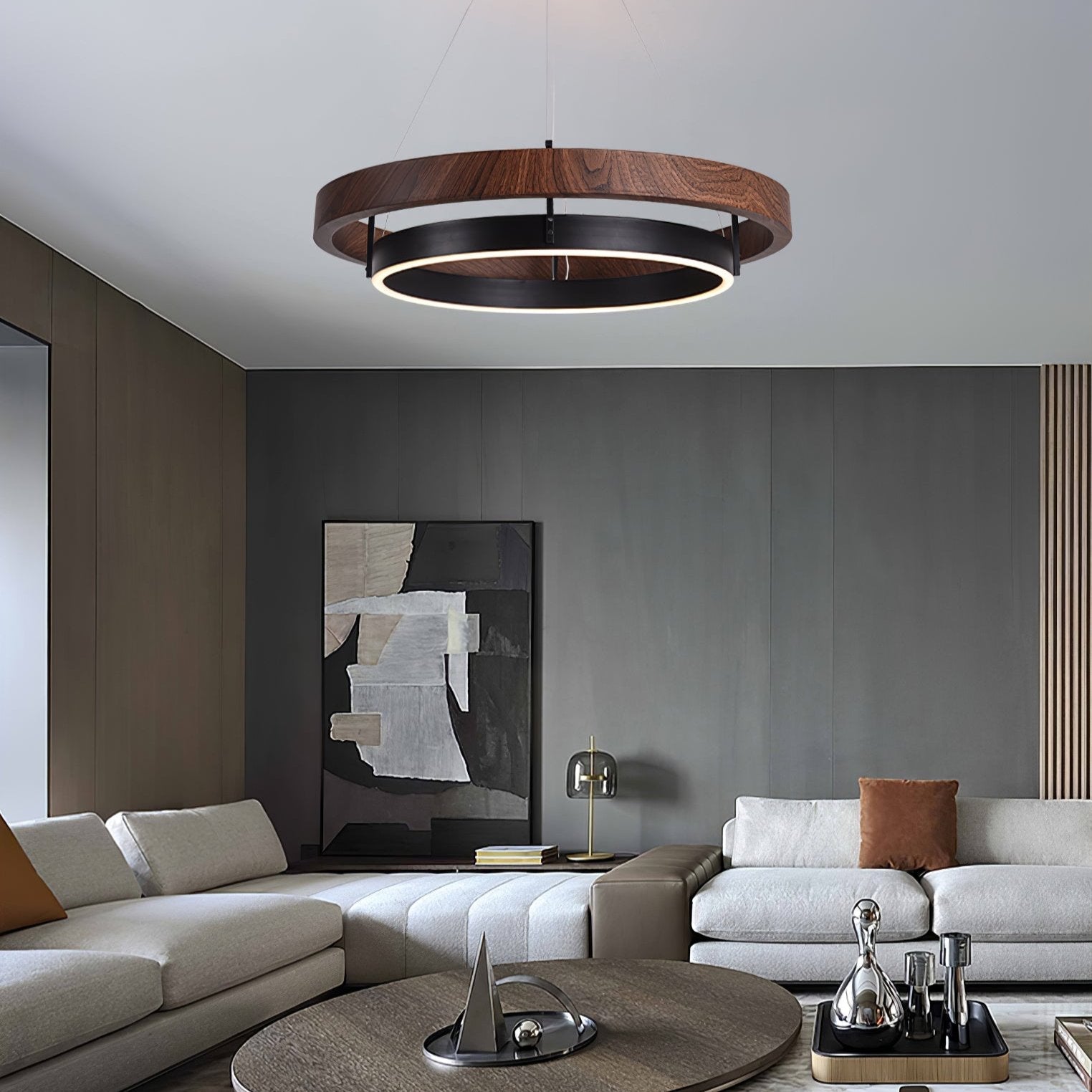 Chandelier LED Double Ring 23.6 in Ceiling Light Walnut Black Modern Living Room Dining Hanging Fixture | Thomler