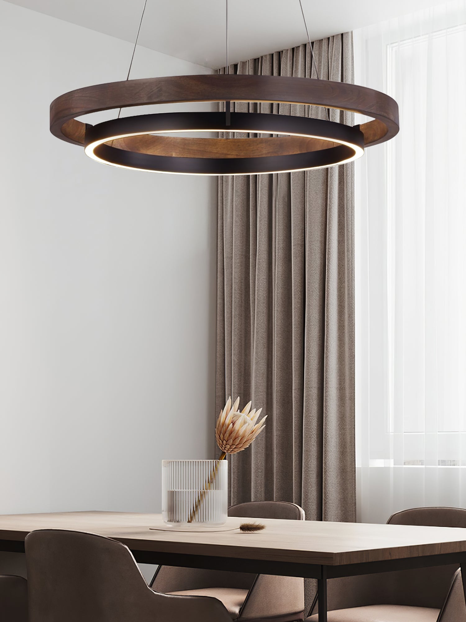 Chandelier LED Double Ring 23.6 in Ceiling Light Walnut Black Modern Living Room Dining Hanging Fixture | Thomler