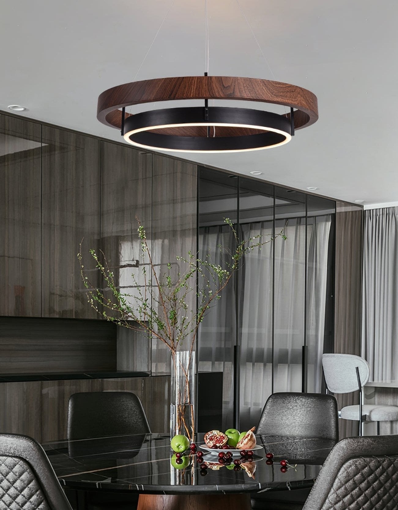 Chandelier LED Double Ring 23.6 in Ceiling Light Walnut Black Modern Living Room Dining Hanging Fixture | Thomler