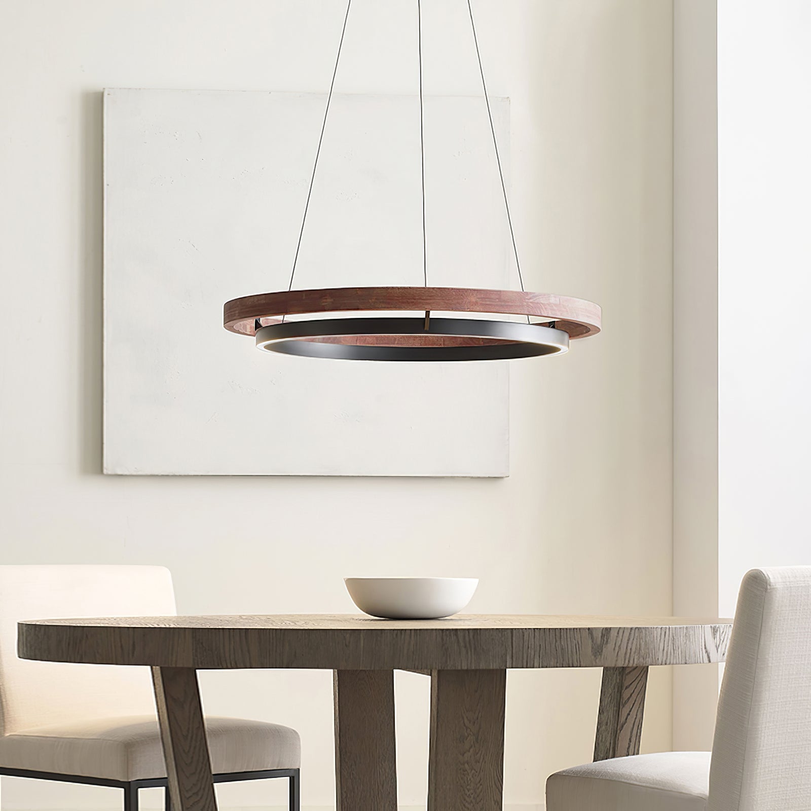 Chandelier LED Double Ring 23.6 in Ceiling Light Walnut Black Modern Living Room Dining Hanging Fixture | Thomler
