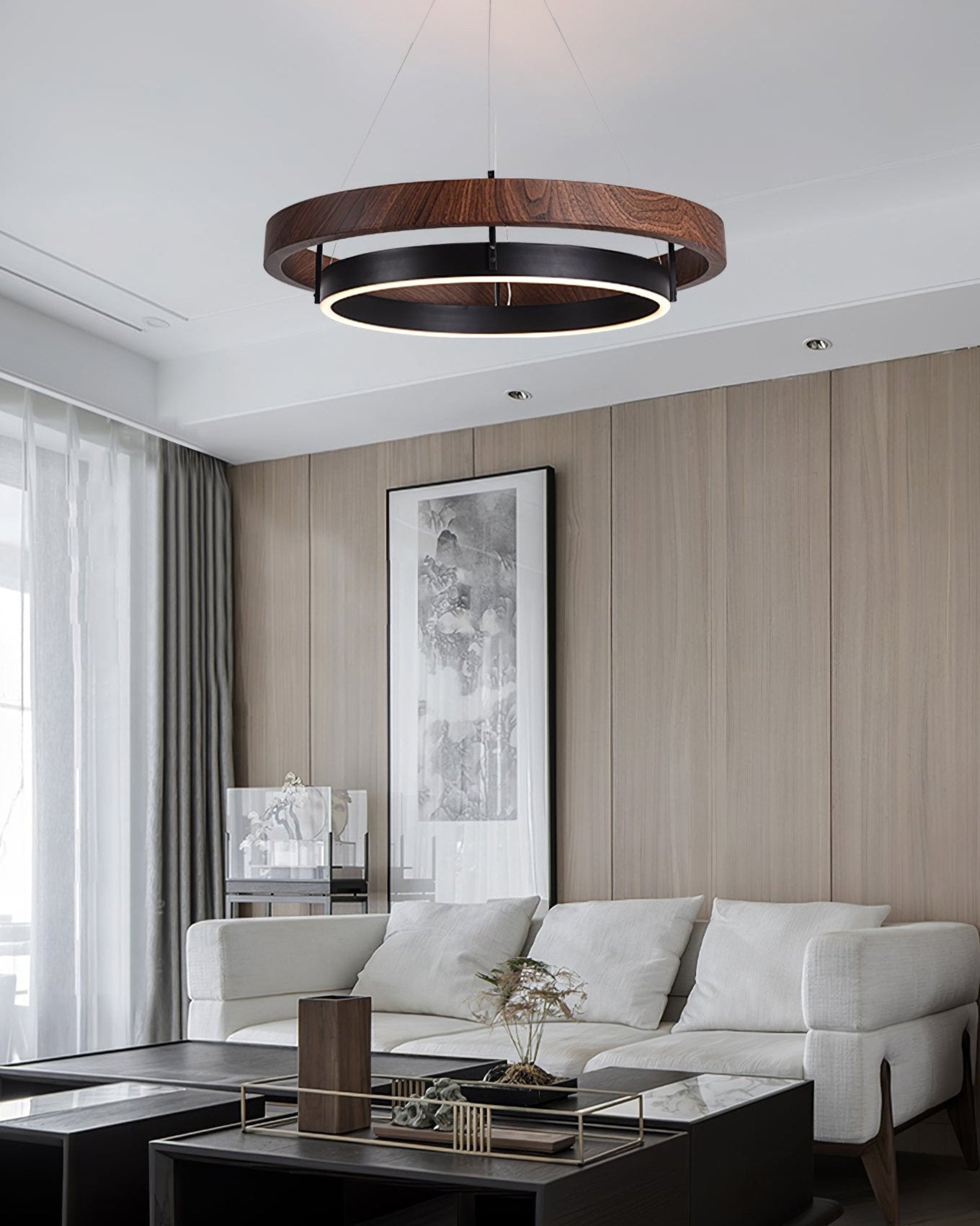 Chandelier LED Double Ring 23.6 in Ceiling Light Walnut Black Modern Living Room Dining Hanging Fixture | Thomler