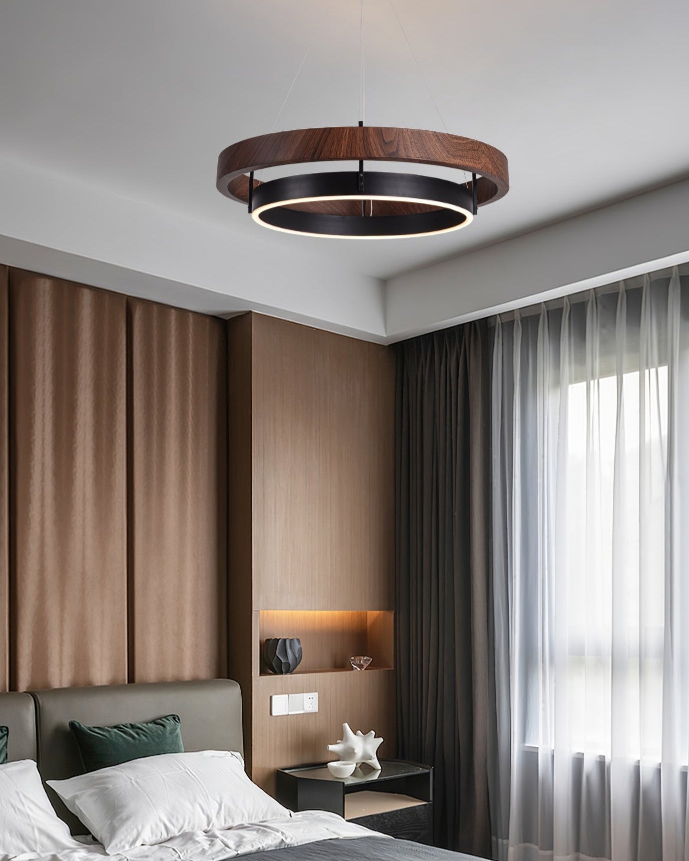 Chandelier LED Double Ring 23.6 in Ceiling Light Walnut Black Modern Living Room Dining Hanging Fixture | Thomler