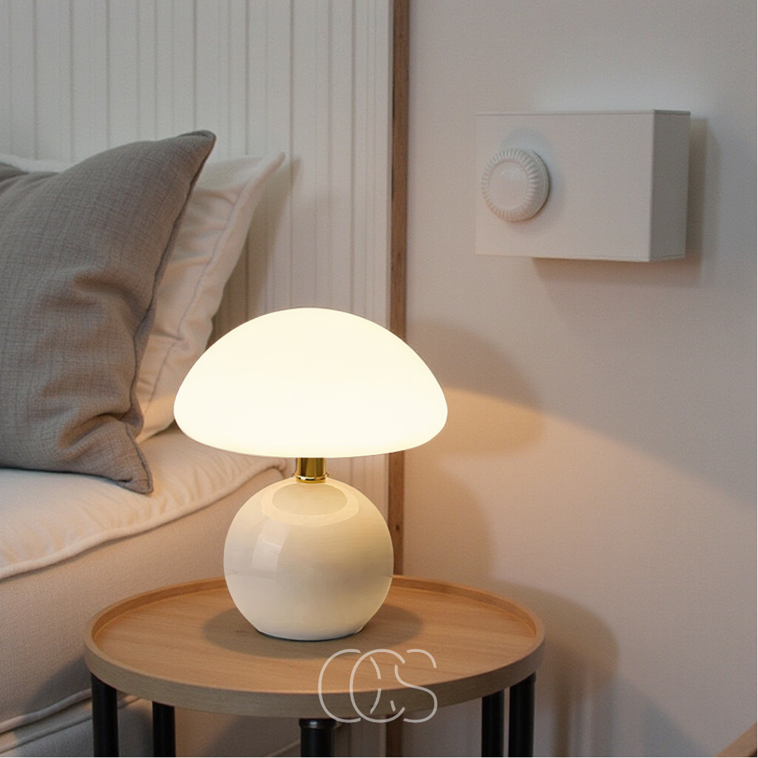Mushroom Table Lamp with 3-Level Dimmable LED Light – Retro Ceramic & Frosted Glass Desk Lamp for Bedroom, Living Room & Office | Thomler