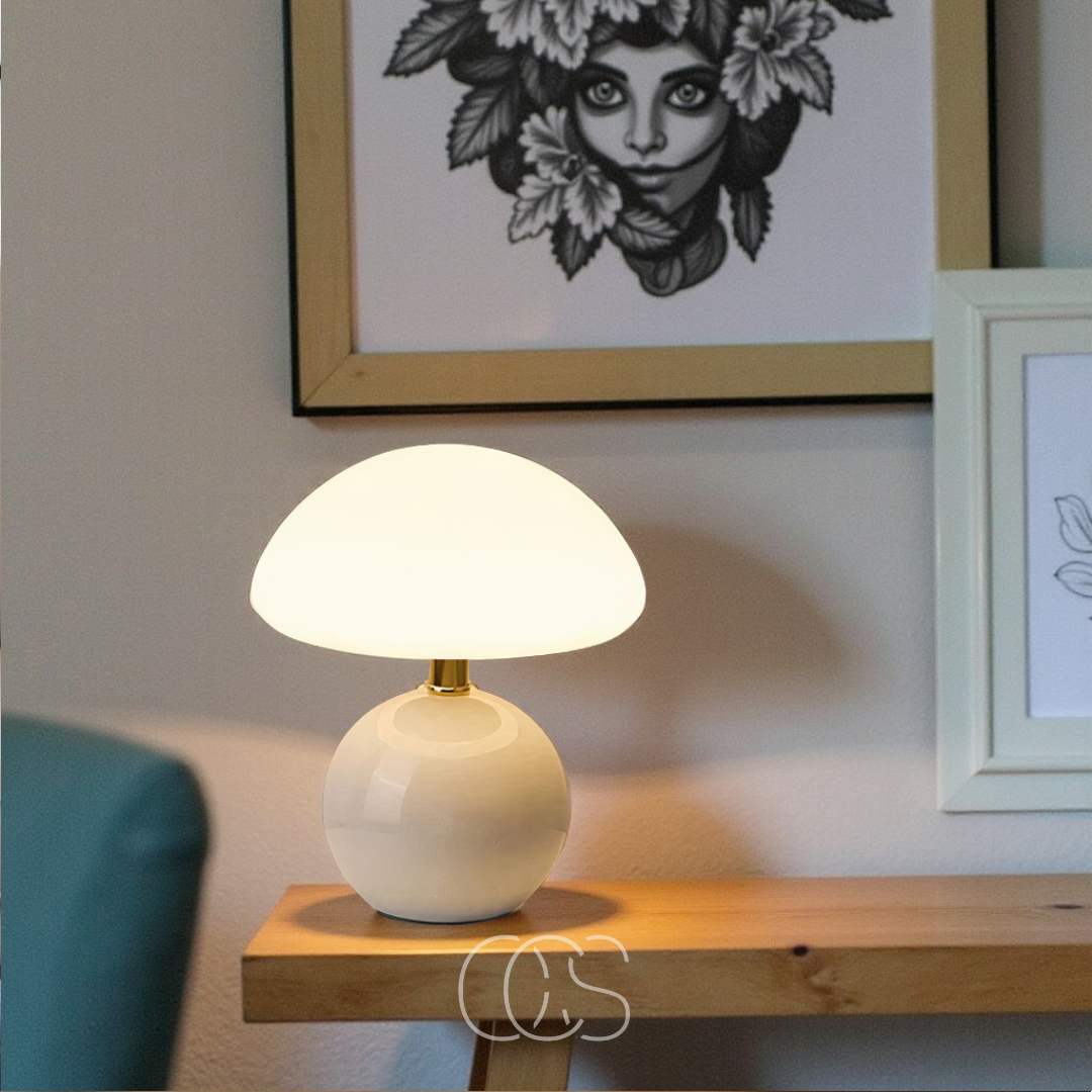 Mushroom Table Lamp with 3-Level Dimmable LED Light – Retro Ceramic & Frosted Glass Desk Lamp for Bedroom, Living Room & Office | Thomler