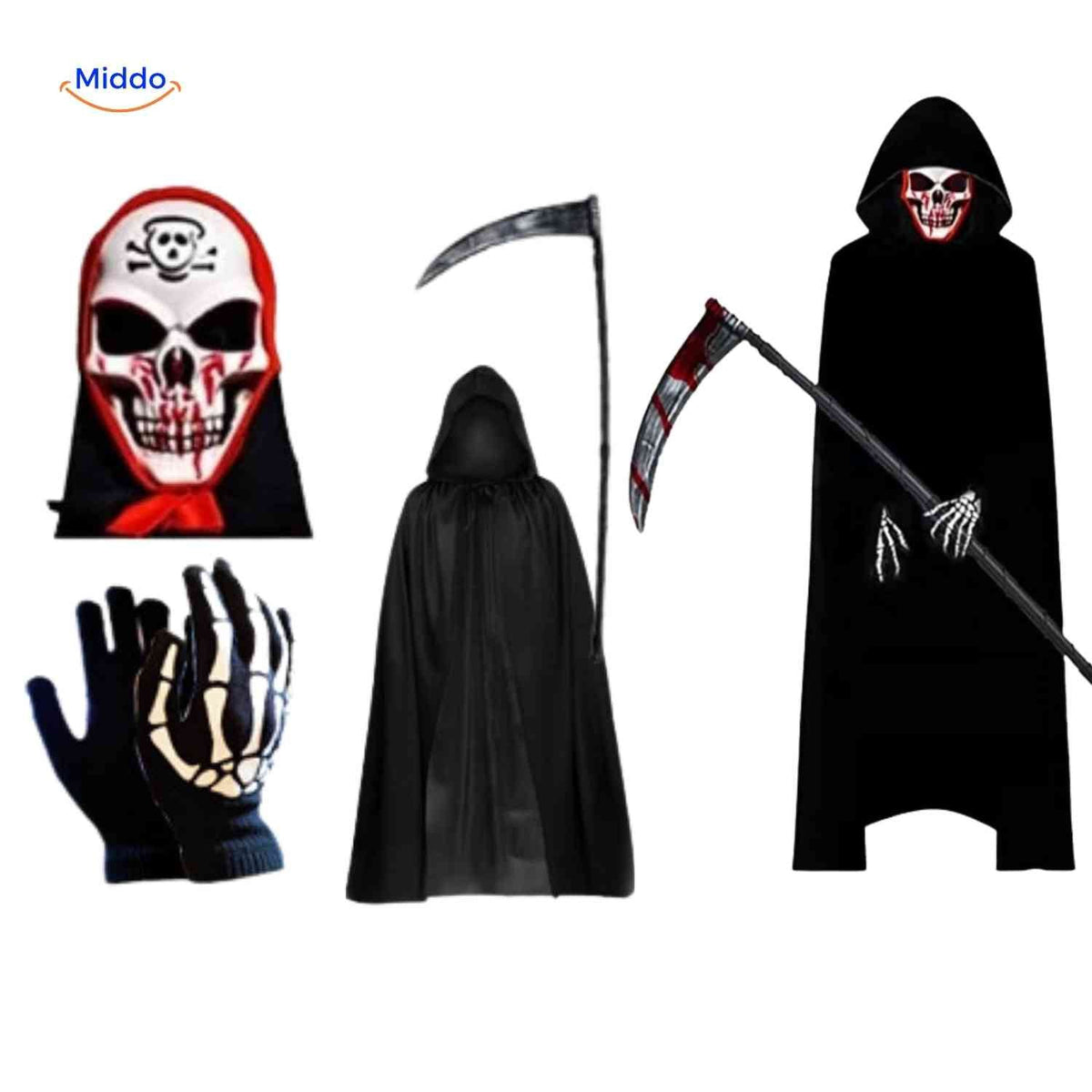 Death Reaper Costume Set with Hooded Robe, Skull Mask, Gloves & Scythe for Halloween | Thomler