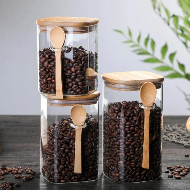 Storage Container Bamboo Glass 3-Piece 8 in Kitchen Pantry Airtight Sustainable Organization Set | Thomler