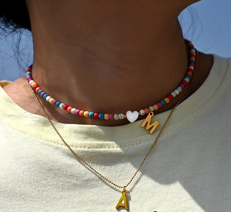Colorful Beaded Initial Necklace with Heart Charm – Personalized Letter Pendant Jewelry for Women & Girls | Thomler