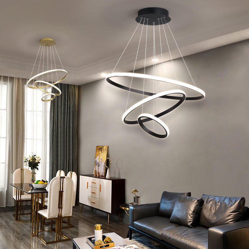 Triple-Ring LED Chandelier – Adjustable Dimmable Modern Ceiling Light – Black, Gold, White – 24x16x8 Inch Rings – Contemporary Hanging | Thomler