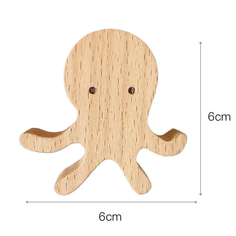 Wall Hooks Wooden Animal Self Adhesive Natural Kids Bedroom Nursery Coat Bag Holders Scandinavian Decor | Thomler