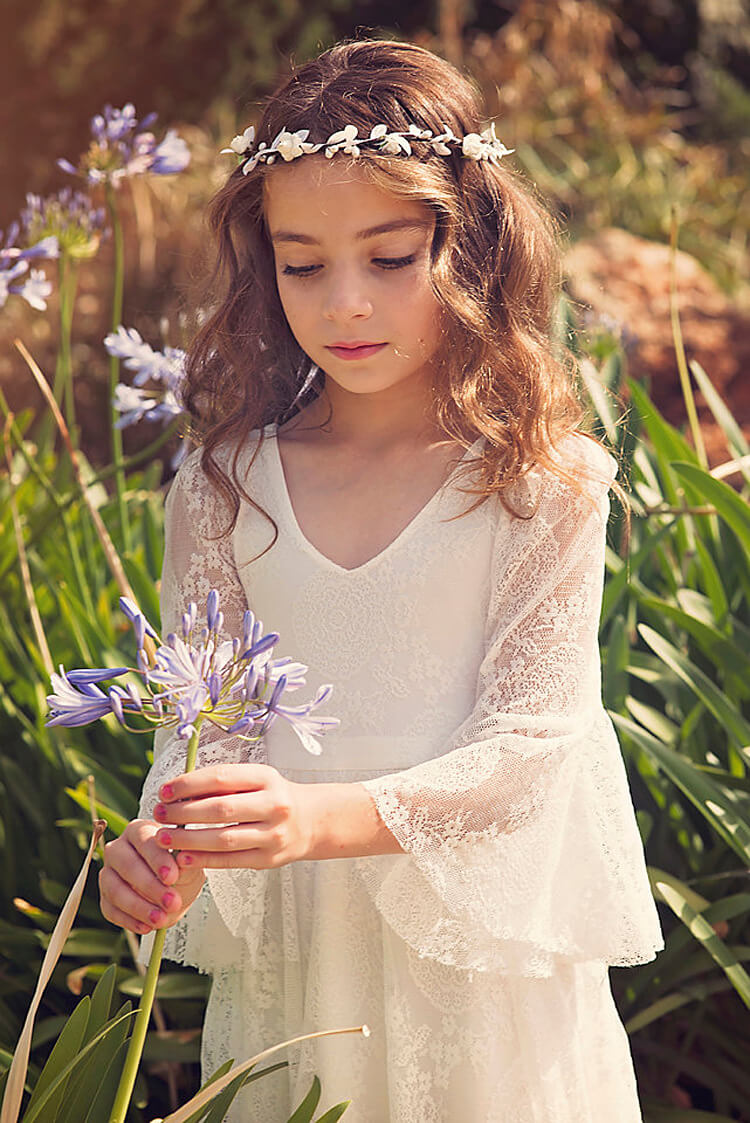 Girls First Communion Dress White Lace Bohemian Flower Girl Gown Soft Cotton Blend for Special Occasions Wedding Easter | Thomler