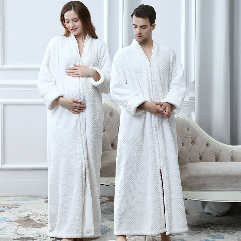 Zippered Fleece Bathrobe for Women & Men Hooded & Non-Hooded Thermal Lounge Robe with Pockets Soft Lightweight Warmth | Thomler