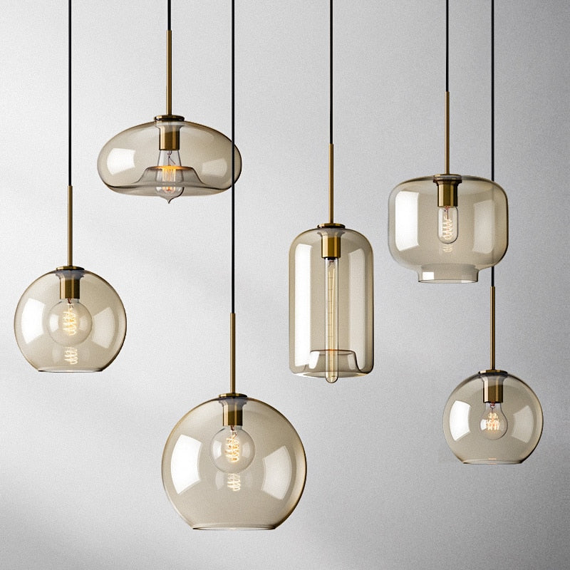 Amber Glass Pendant Light Fixture with Adjustable Cable for Kitchen Island Dining Room Bedroom Modern Hanging Ceiling Lamp Iron Frame | Thomler
