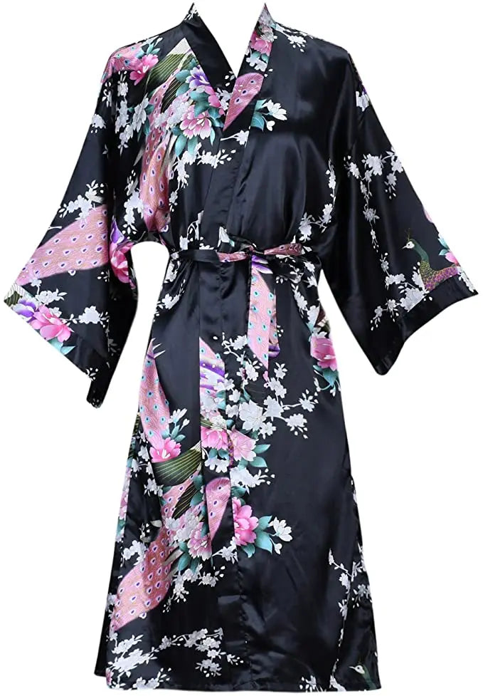 Women's Satin Kimono Robe with Floral Design – Short Sleeve Loungewear for Bridal Party Gifts & Everyday Comfort | Thomler