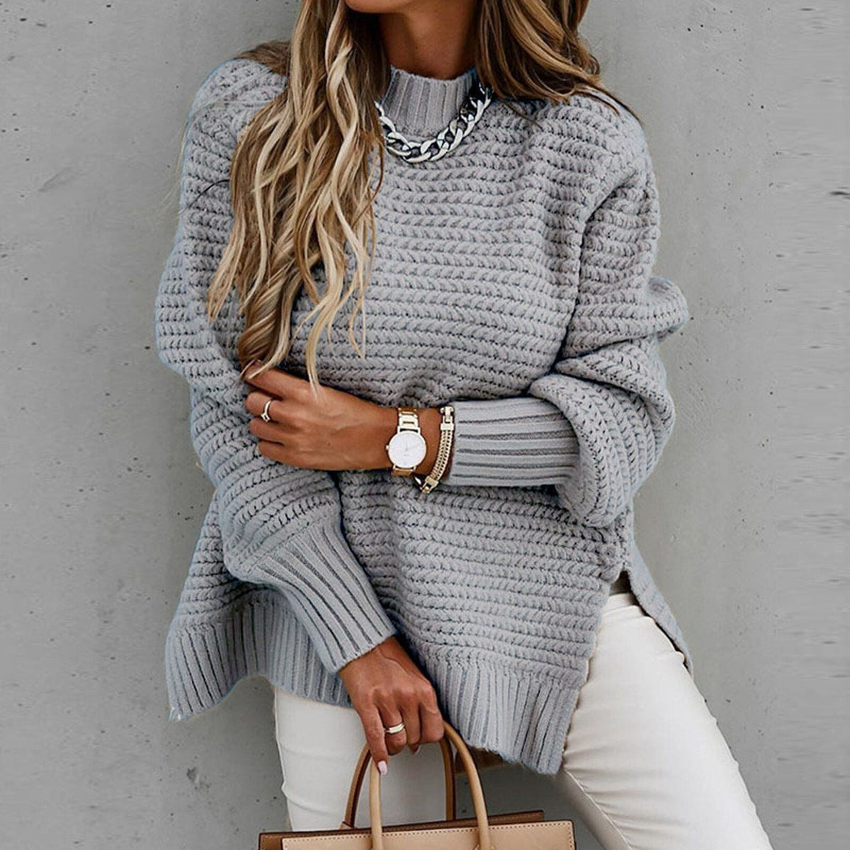 Women's Turtleneck Pullover with Drop Hem and Hip Slits for Relaxed Everyday Comfort | Thomler