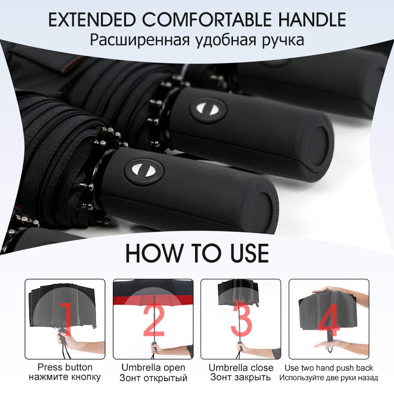 Reverse-Close Inverted Umbrella with Auto-Open Button – Wind-Resistant Double-Layer Canopy for Storm Protection – Hands-Free C-Handle | Thomler