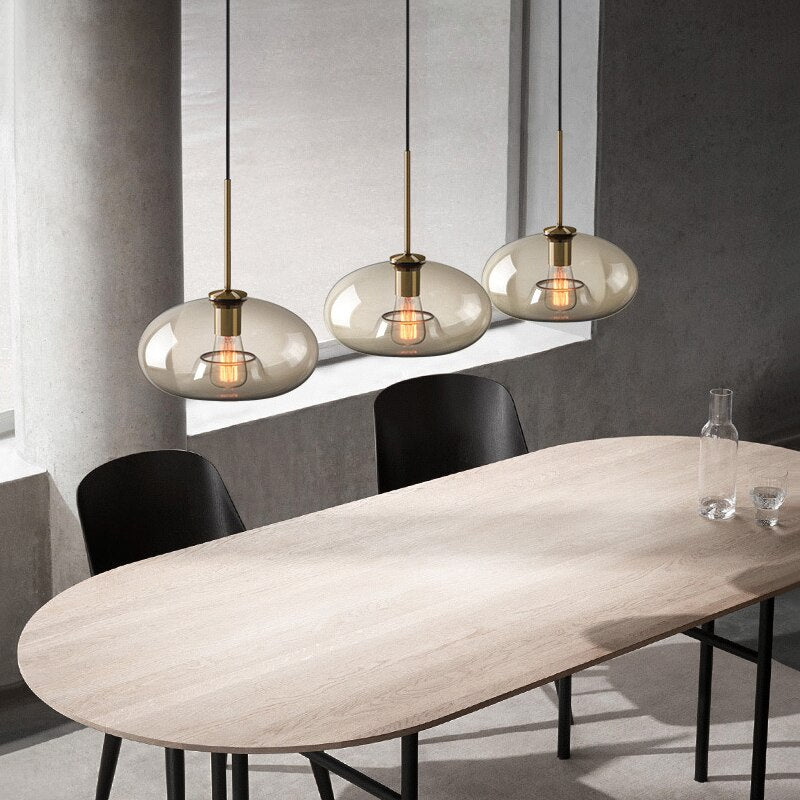 Amber Glass Pendant Light Fixture with Adjustable Cable for Kitchen Island Dining Room Bedroom Modern Hanging Ceiling Lamp Iron Frame | Thomler