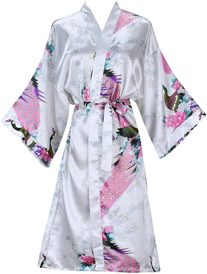 Women's Satin Kimono Robe with Floral Design – Short Sleeve Loungewear for Bridal Party Gifts & Everyday Comfort | Thomler