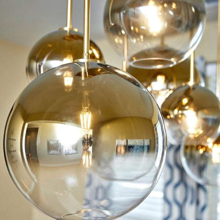 Glass Globe Pendant Light | Single Bulb Hanging Fixture with Brass & Metal Finish | Adjustable Cord Height | 8-12 Inch Diameter | E26 | Thomler