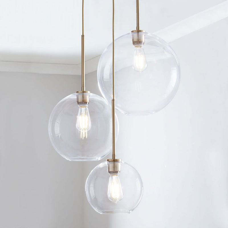Glass Globe Pendant Light | Single Bulb Hanging Fixture with Brass & Metal Finish | Adjustable Cord Height | 8-12 Inch Diameter | E26 | Thomler