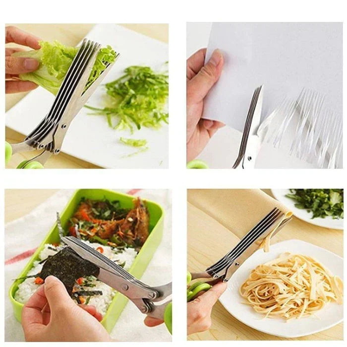 Multi-Blade Herb Shears Stainless Steel with Cleaning Comb for Lettuce Basil Parsley Chives | Kitchen Tool Food Prep Gadget Veggie Chopper | Thomler