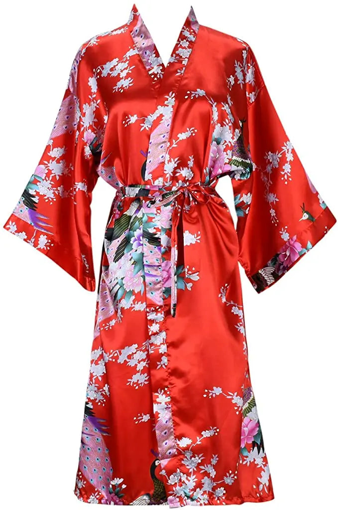 Women's Satin Kimono Robe with Floral Design – Short Sleeve Loungewear for Bridal Party Gifts & Everyday Comfort | Thomler