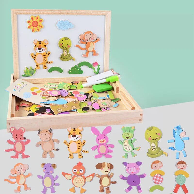 Double-Sided Wooden Drawing & Puzzle Board for Kids – Magnetic Pieces, Dry-Erase & Chalkboard, Travel Storage Case | Thomler