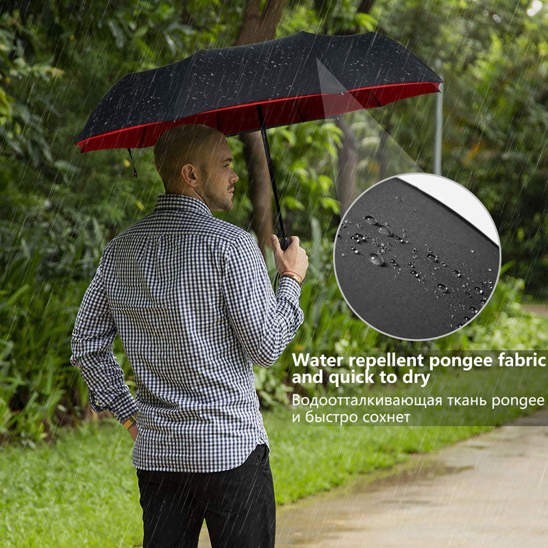 Reverse-Close Inverted Umbrella with Auto-Open Button – Wind-Resistant Double-Layer Canopy for Storm Protection – Hands-Free C-Handle | Thomler
