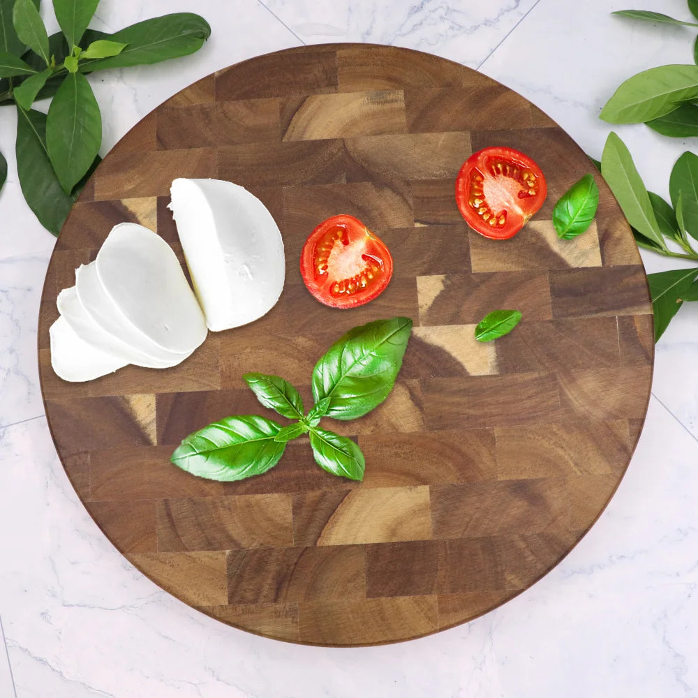 Round Acacia Cutting Board 12 Inch End-Grain Wood Butcher Block for Cheese, Meat & Chopping | Thomler