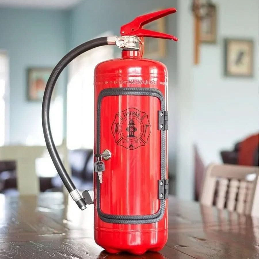 Fire Extinguisher Liquor Cabinet – Concealed Mini Bar Storage for Bottles & Accessories in Vintage Metal Design for Man Cave, Home Bar | Thomler