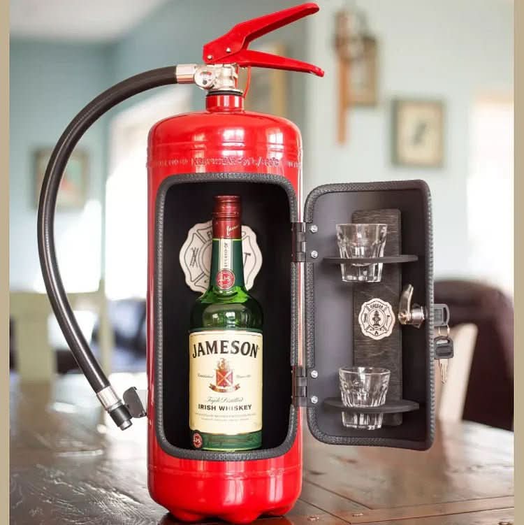 Fire Extinguisher Liquor Cabinet – Concealed Mini Bar Storage for Bottles & Accessories in Vintage Metal Design for Man Cave, Home Bar | Thomler