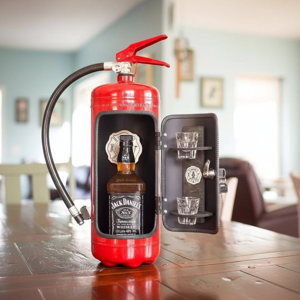 Fire Extinguisher Liquor Cabinet – Concealed Mini Bar Storage for Bottles & Accessories in Vintage Metal Design for Man Cave, Home Bar | Thomler