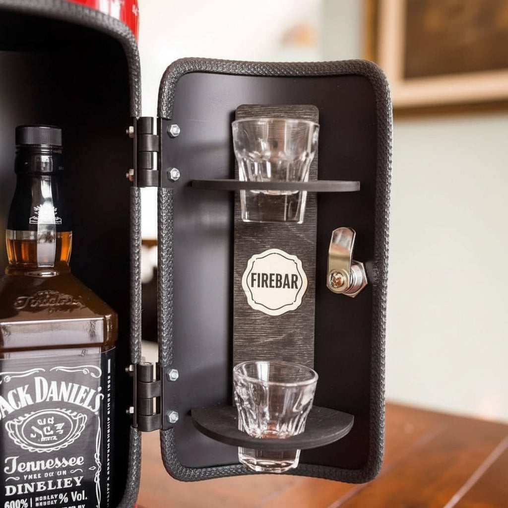 Fire Extinguisher Liquor Cabinet – Concealed Mini Bar Storage for Bottles & Accessories in Vintage Metal Design for Man Cave, Home Bar | Thomler