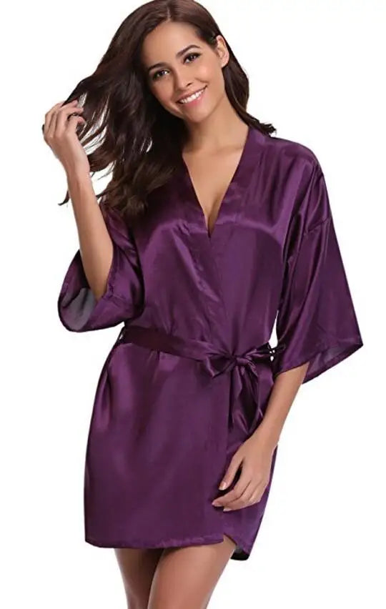 Women's Satin Kimono Robe Loungewear in Navy Blue Pink Purple Lightweight Summer Wrap Sleepwear for Bridal Party | Thomler