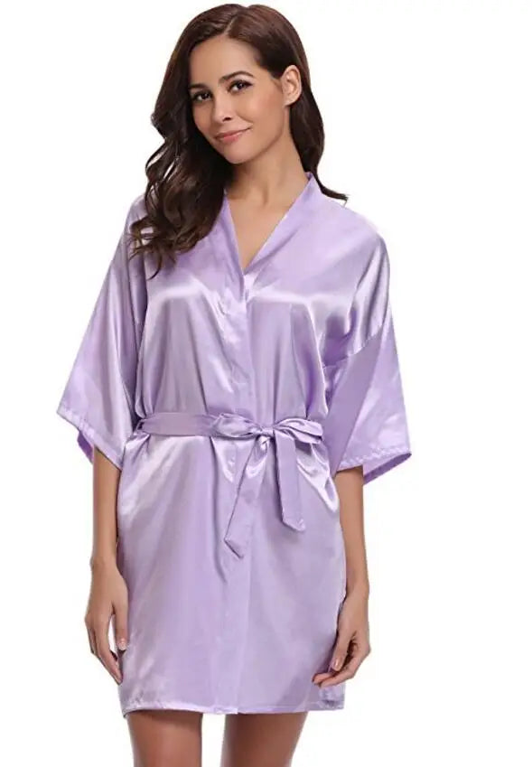 Women's Satin Kimono Robe Loungewear in Navy Blue Pink Purple Lightweight Summer Wrap Sleepwear for Bridal Party | Thomler