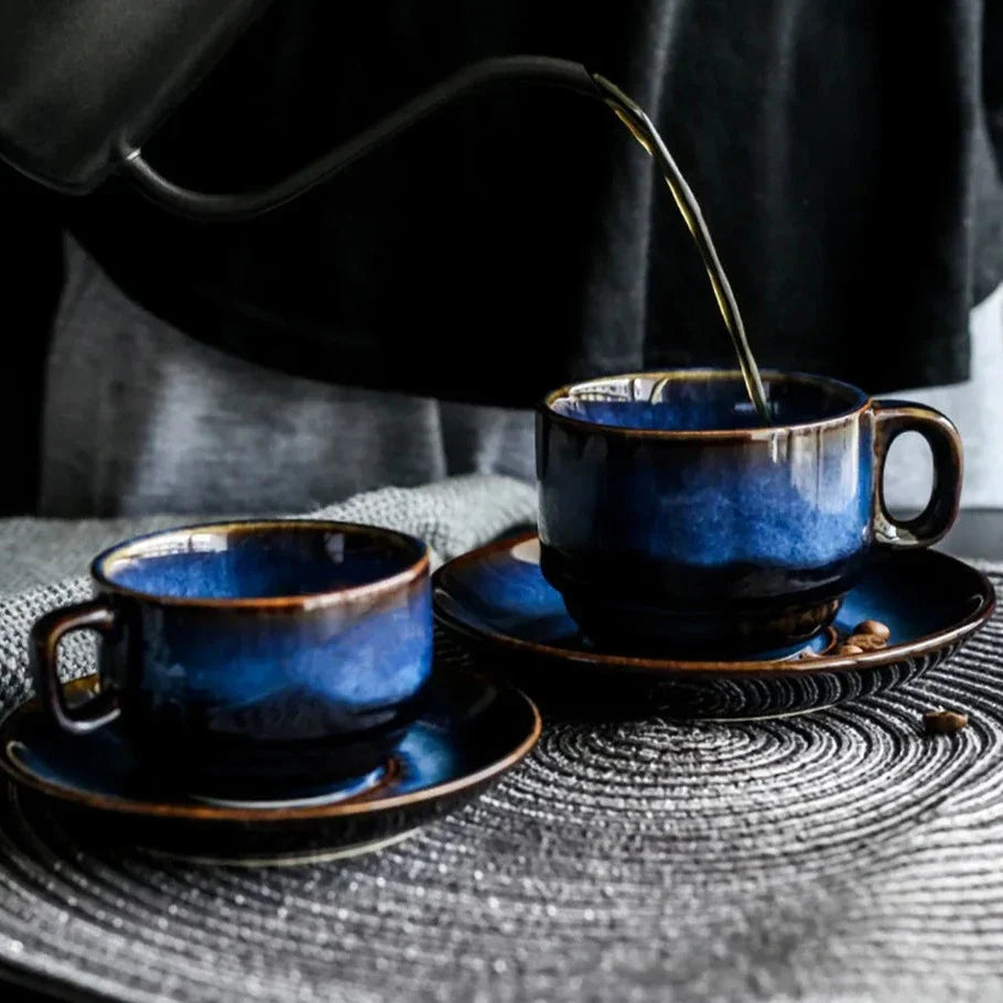 Ceramic Mug Set Bone China 12 oz Deep Blue For Tea Coffee Serving Coastal Kitchen Use | Thomler