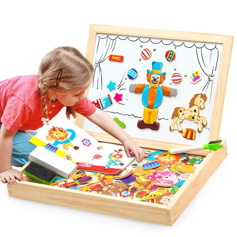Double-Sided Wooden Drawing & Puzzle Board for Kids – Magnetic Pieces, Dry-Erase & Chalkboard, Travel Storage Case | Thomler