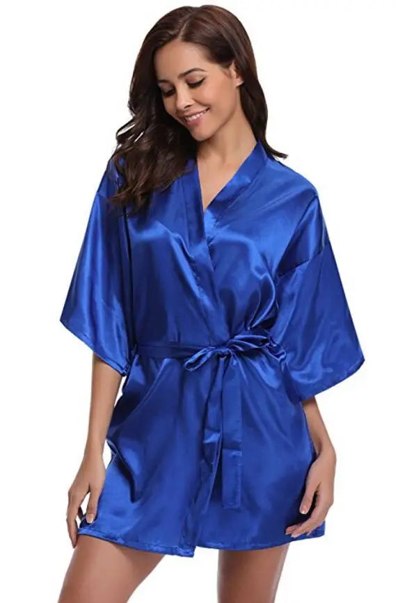 Women's Satin Kimono Robe Loungewear in Navy Blue Pink Purple Lightweight Summer Wrap Sleepwear for Bridal Party | Thomler