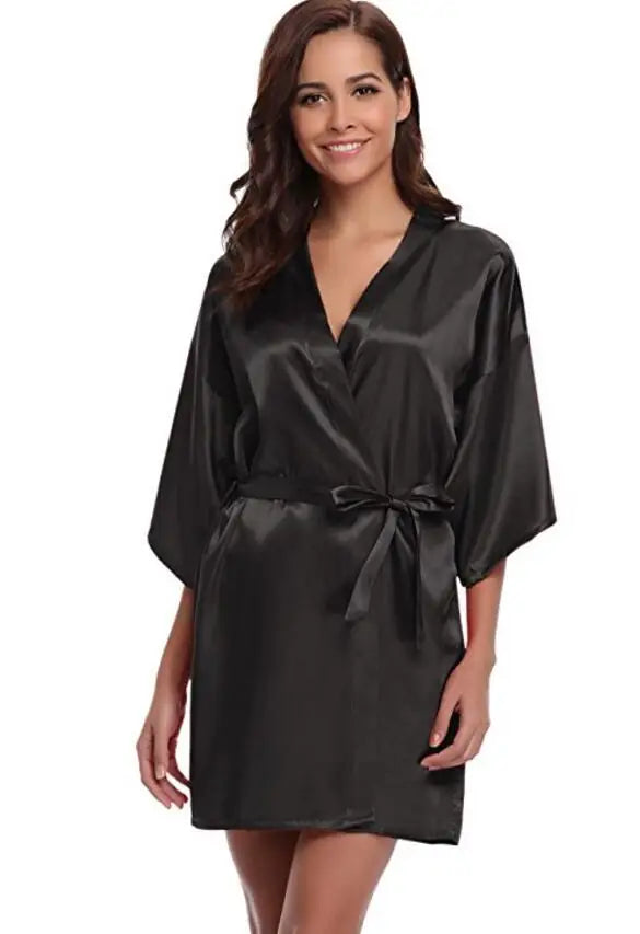 Women's Satin Kimono Robe Loungewear in Navy Blue Pink Purple Lightweight Summer Wrap Sleepwear for Bridal Party | Thomler
