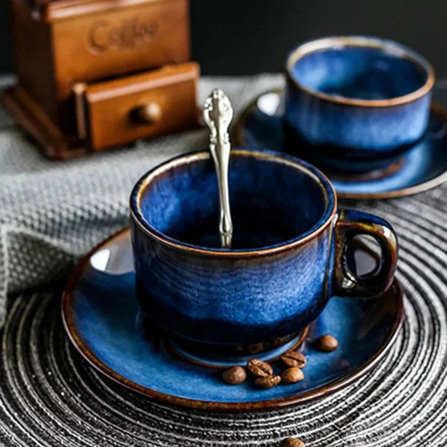 Ceramic Mug Set Bone China 12 oz Deep Blue For Tea Coffee Serving Coastal Kitchen Use | Thomler