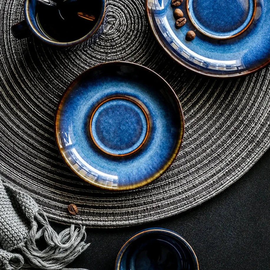 Ceramic Mug Set Bone China 12 oz Deep Blue For Tea Coffee Serving Coastal Kitchen Use | Thomler