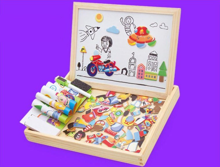 Double-Sided Wooden Drawing & Puzzle Board for Kids – Magnetic Pieces, Dry-Erase & Chalkboard, Travel Storage Case | Thomler