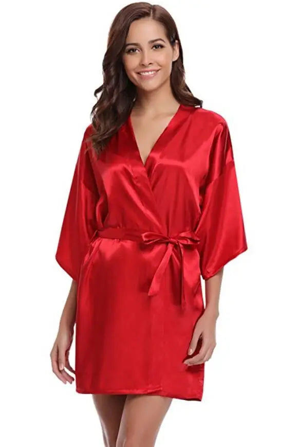 Women's Satin Kimono Robe Loungewear in Navy Blue Pink Purple Lightweight Summer Wrap Sleepwear for Bridal Party | Thomler