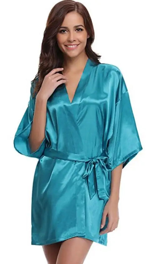 Women's Satin Kimono Robe Loungewear in Navy Blue Pink Purple Lightweight Summer Wrap Sleepwear for Bridal Party | Thomler