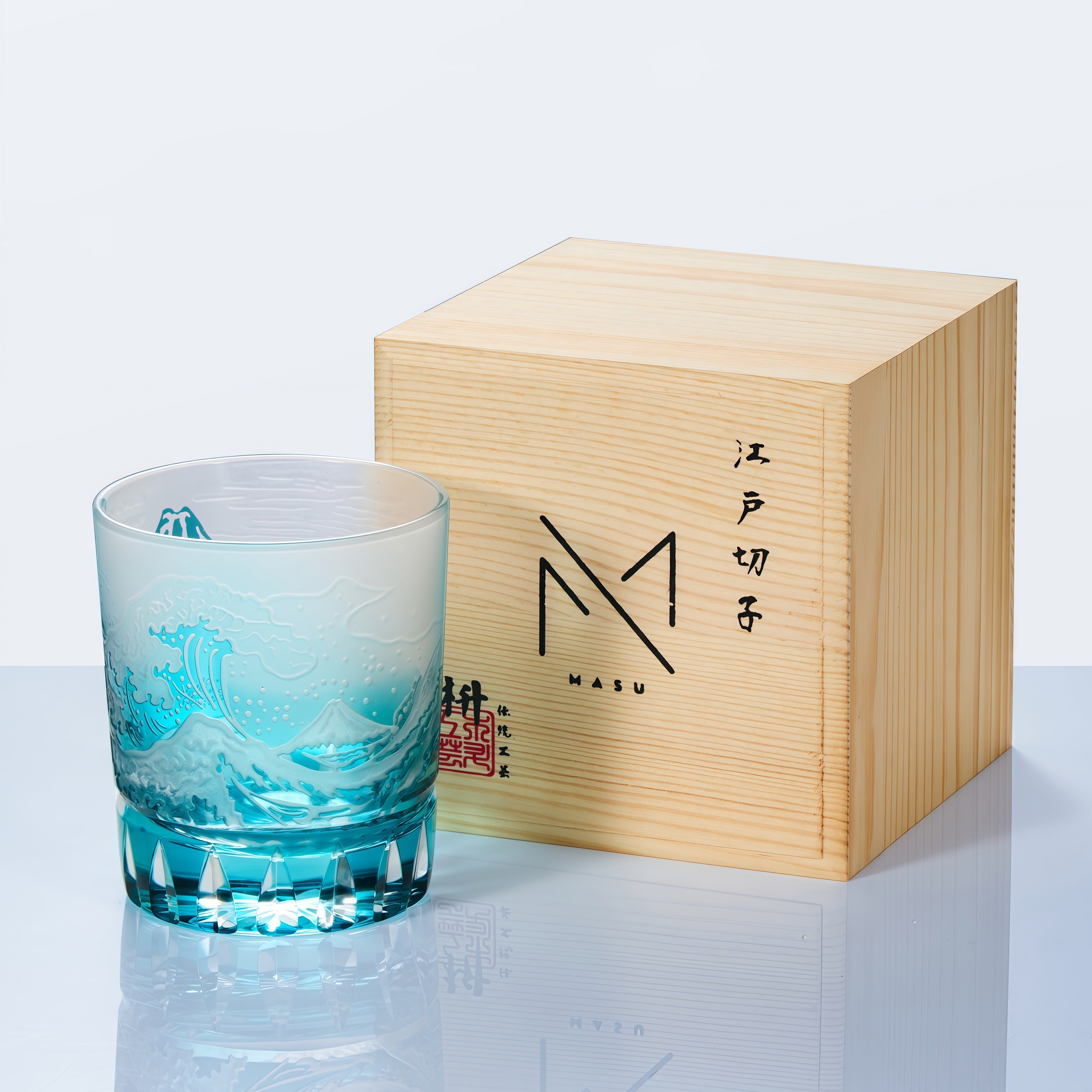 Japanese Wave Crystal Whisky Glass with Mt. Fuji Engraving in Golden or Blue Finish, Handcut Tumbler in Wooden Gift Box for Spirits and Bour | Thomler
