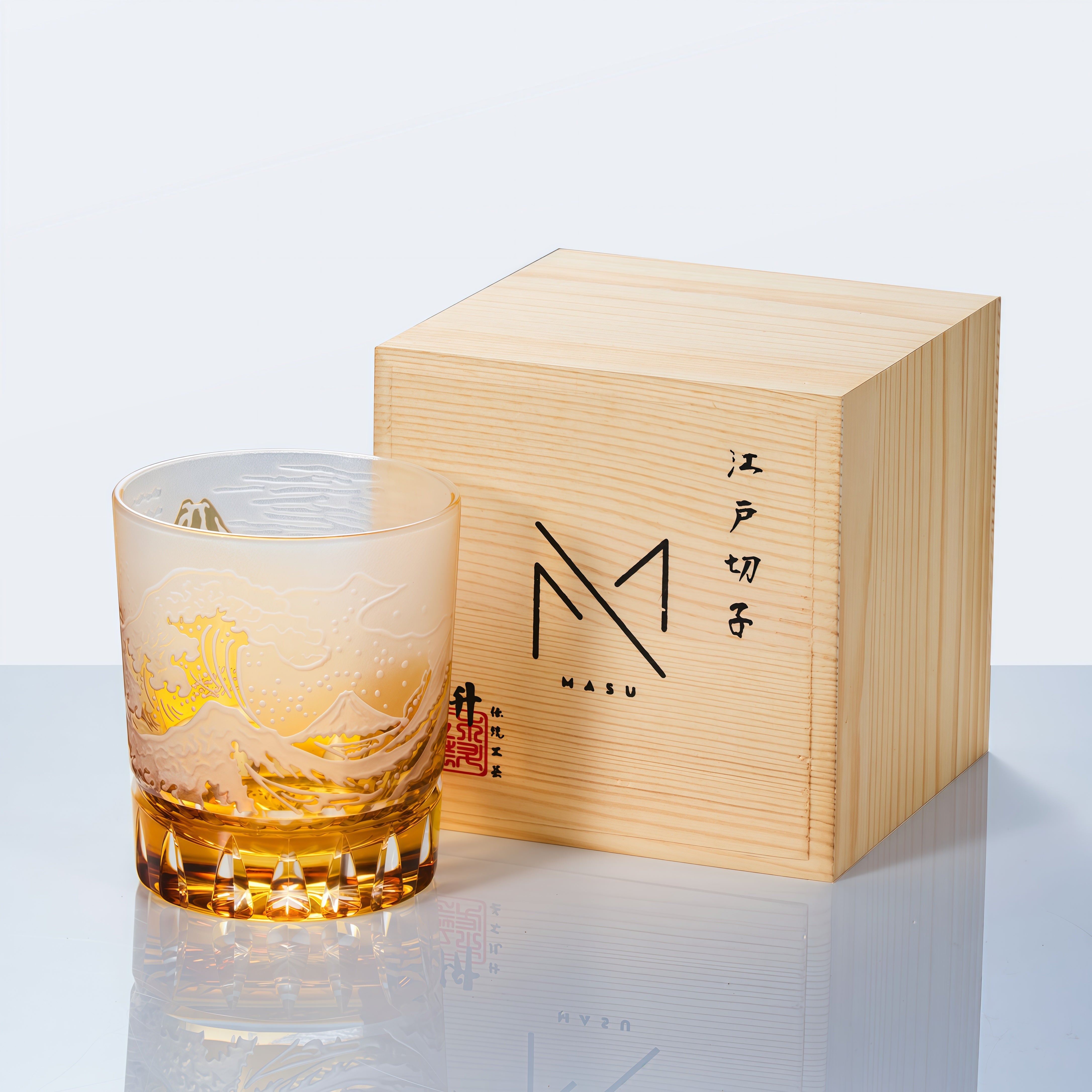 Japanese Wave Crystal Whisky Glass with Mt. Fuji Engraving in Golden or Blue Finish, Handcut Tumbler in Wooden Gift Box for Spirits and Bour | Thomler
