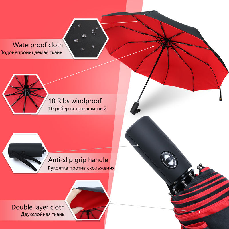 Reverse-Close Inverted Umbrella with Auto-Open Button – Wind-Resistant Double-Layer Canopy for Storm Protection – Hands-Free C-Handle | Thomler
